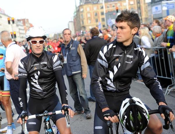 The two New Zealanders to compete in the centenary edition of the Tour de France, from left, Greg Henderson and Jack Bauer at the 2011 world championships. 